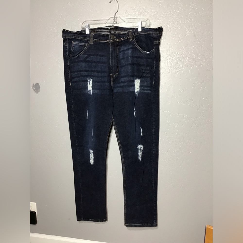 R - SOCIETY Jeans Men’s Mens Sz 42 X 32 Denim Blue Straight Distressed Stretch